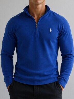 Mens polo ralph lauren Quarter Zip pullover Long Sleeve XL Blue white pony